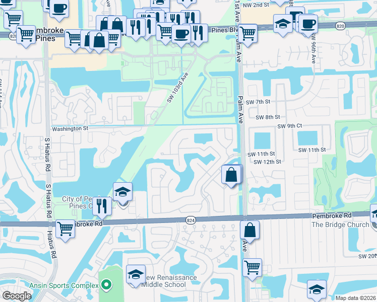 map of restaurants, bars, coffee shops, grocery stores, and more near 1131 Southwest 103rd Avenue in Pembroke Pines