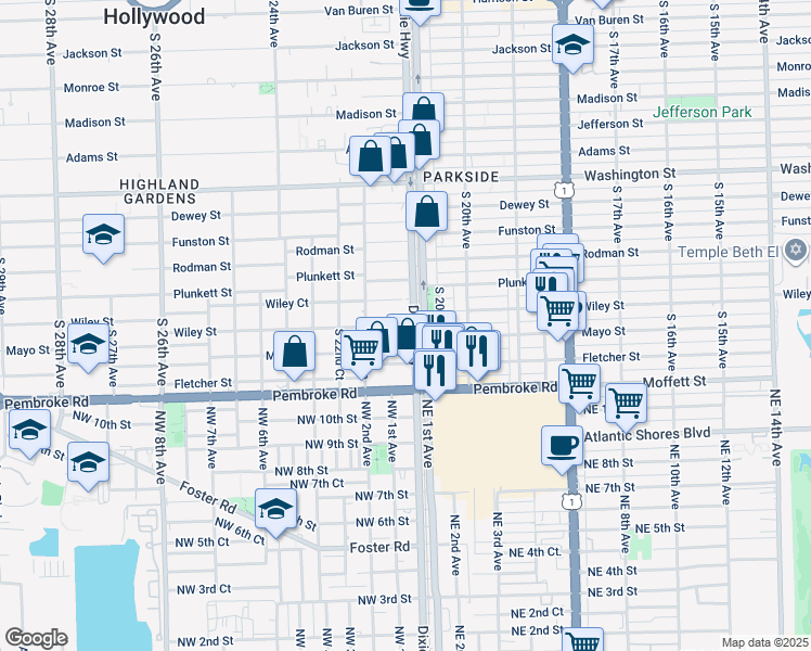 map of restaurants, bars, coffee shops, grocery stores, and more near 2110 Wiley Court in Hollywood