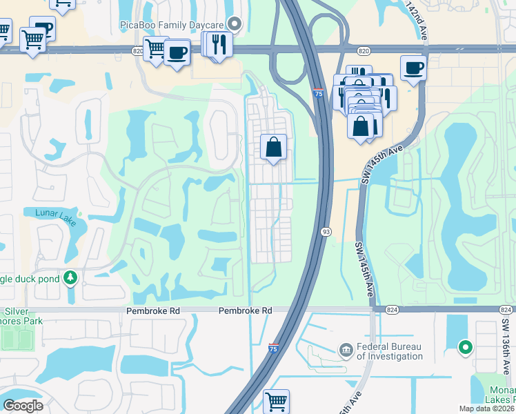 map of restaurants, bars, coffee shops, grocery stores, and more near 14701 Southwest 11th Street in Pembroke Pines