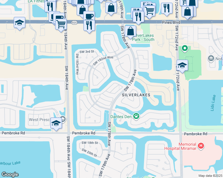 map of restaurants, bars, coffee shops, grocery stores, and more near 916 Southwest 180th Terrace in Pembroke Pines