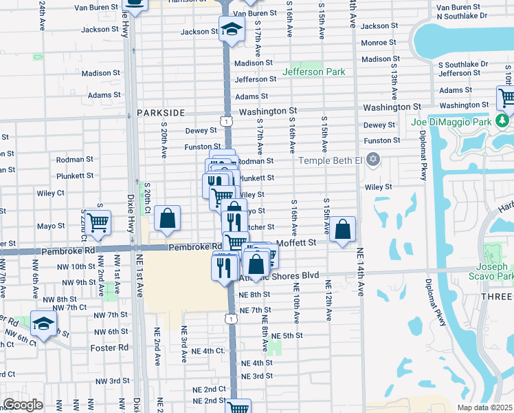 map of restaurants, bars, coffee shops, grocery stores, and more near 1646 Wiley Street in Hollywood