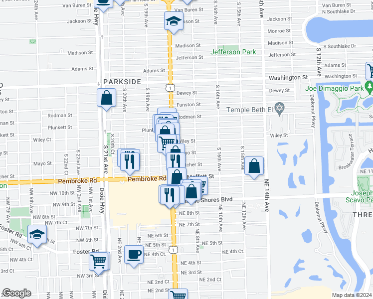 map of restaurants, bars, coffee shops, grocery stores, and more near 1742 Wiley Street in Hollywood