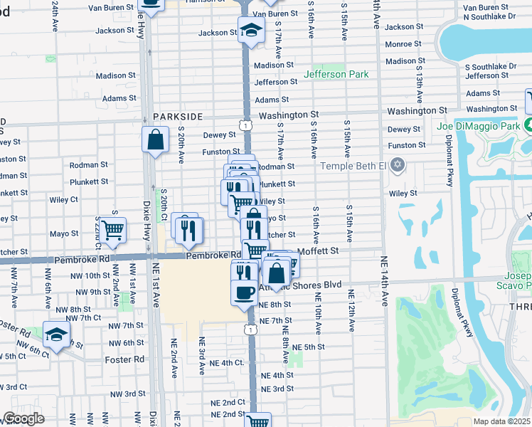 map of restaurants, bars, coffee shops, grocery stores, and more near 1742 Wiley Street in Hollywood