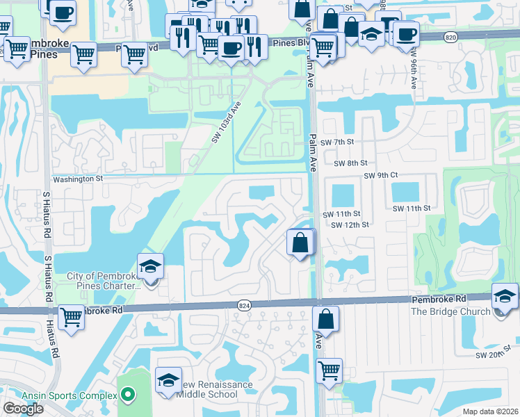 map of restaurants, bars, coffee shops, grocery stores, and more near 10237 Southwest 12th Street in Pembroke Pines