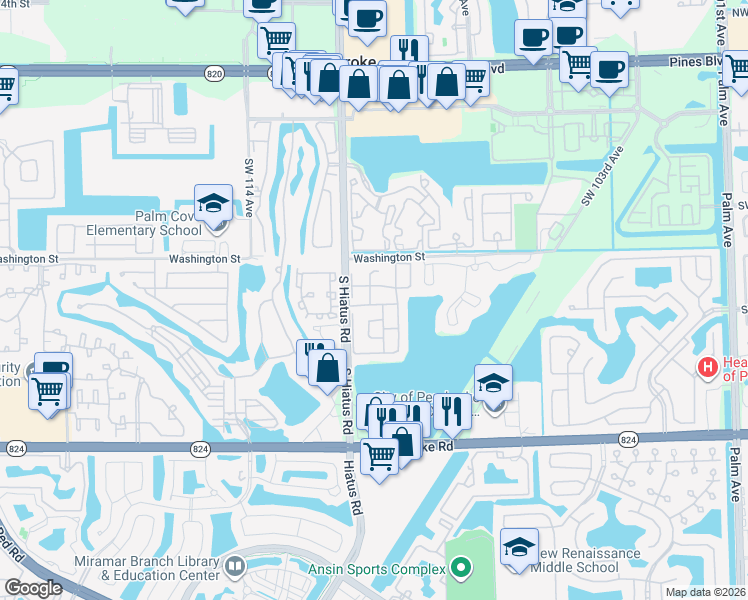 map of restaurants, bars, coffee shops, grocery stores, and more near 11101 Southwest 10th Street in Pembroke Pines