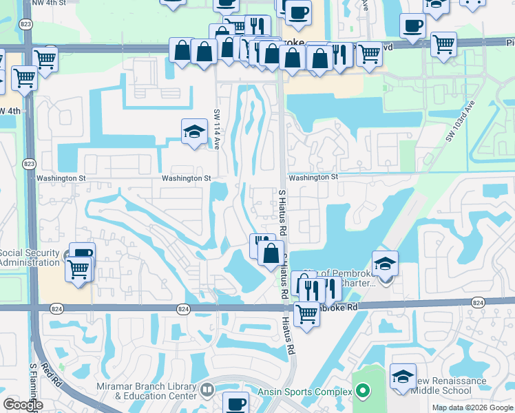 map of restaurants, bars, coffee shops, grocery stores, and more near 973 Southwest 113th Terrace in Pembroke Pines