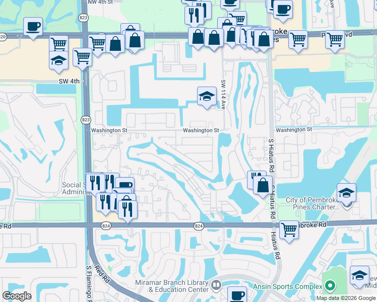 map of restaurants, bars, coffee shops, grocery stores, and more near 11581 Southwest 10th Street in Pembroke Pines