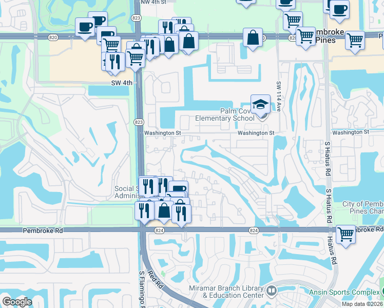 map of restaurants, bars, coffee shops, grocery stores, and more near 11958 Washington Street in Pembroke Pines