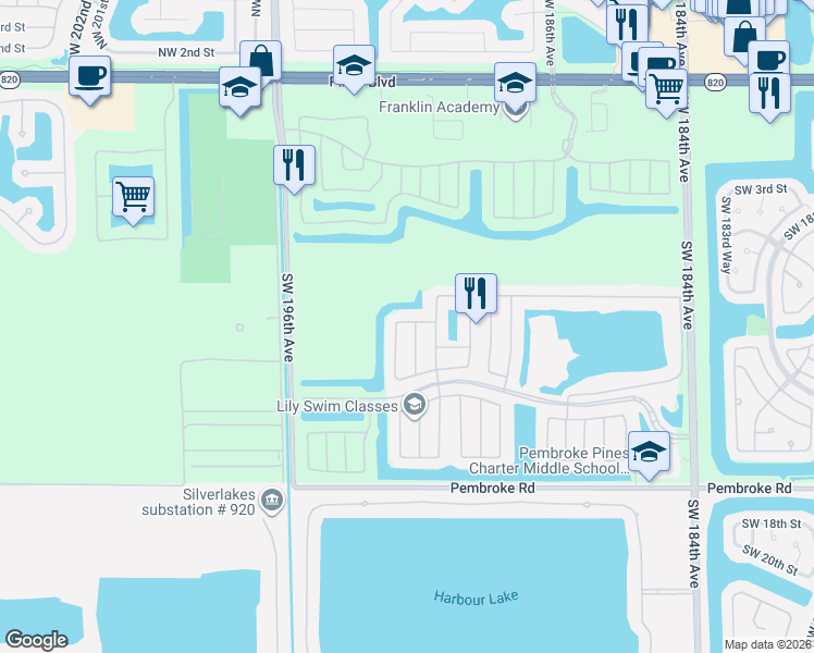 map of restaurants, bars, coffee shops, grocery stores, and more near 740 Southwest 191st Avenue in Pembroke Pines