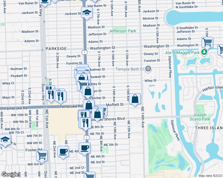 map of restaurants, bars, coffee shops, grocery stores, and more near 1610 Wiley Street in Hollywood