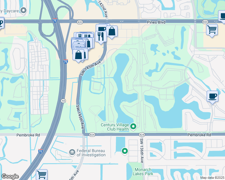 map of restaurants, bars, coffee shops, grocery stores, and more near 1001 Southwest 141st Avenue in Pembroke Pines