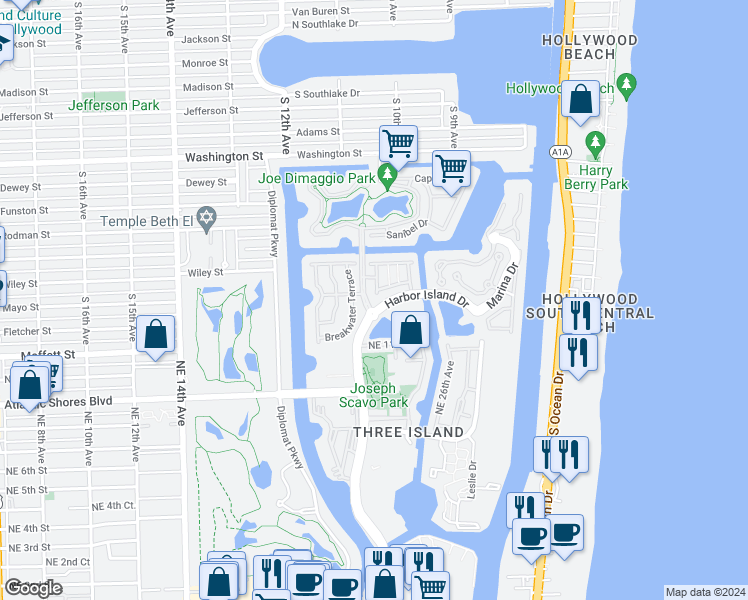 map of restaurants, bars, coffee shops, grocery stores, and more near 1394 Harbor View West in Hollywood