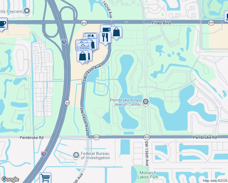 map of restaurants, bars, coffee shops, grocery stores, and more near 1300 Southwest 142nd Avenue in Pembroke Pines