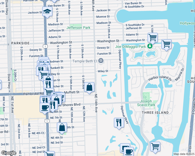 map of restaurants, bars, coffee shops, grocery stores, and more near 1431 South 14th Avenue in Hollywood