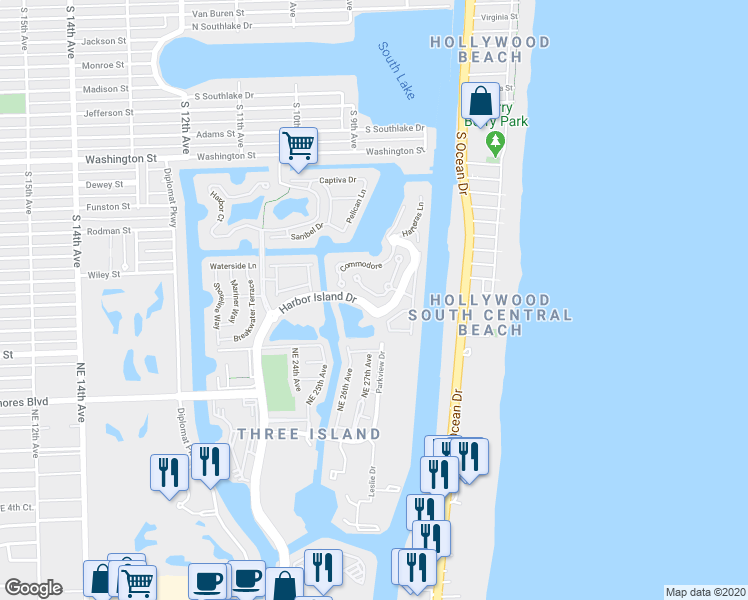 map of restaurants, bars, coffee shops, grocery stores, and more near 894 Spinnaker Drive East in Hollywood