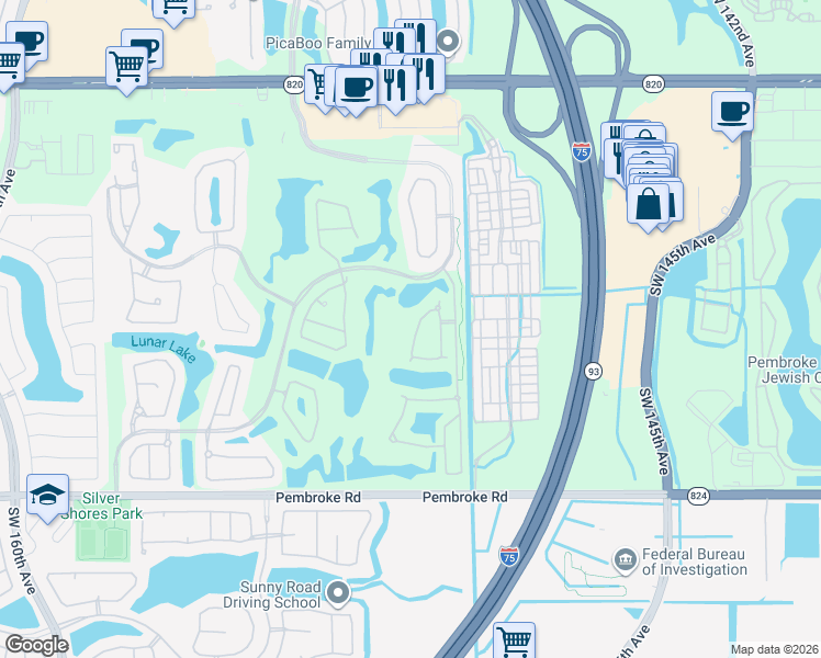 map of restaurants, bars, coffee shops, grocery stores, and more near 1100 Bel Aire Drive in Pembroke Pines