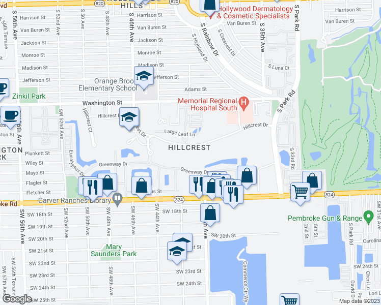 map of restaurants, bars, coffee shops, grocery stores, and more near 4330 Hillcrest Drive in Hollywood