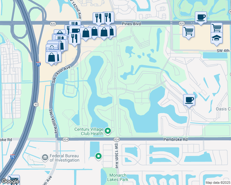 map of restaurants, bars, coffee shops, grocery stores, and more near 13600 Southwest 10th Street in Pembroke Pines