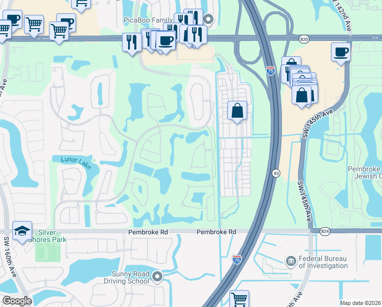map of restaurants, bars, coffee shops, grocery stores, and more near 1100 Bel Aire Drive in Pembroke Pines