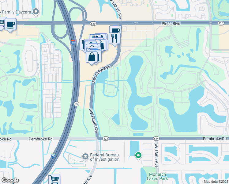 map of restaurants, bars, coffee shops, grocery stores, and more near 2410 Southwest 143rd Avenue in Pembroke Pines