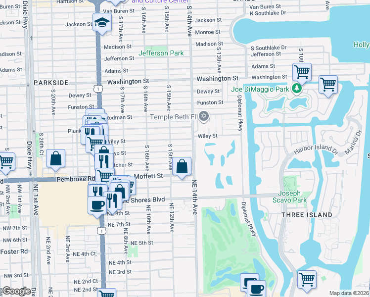 map of restaurants, bars, coffee shops, grocery stores, and more near 1426 Wiley Street in Hollywood