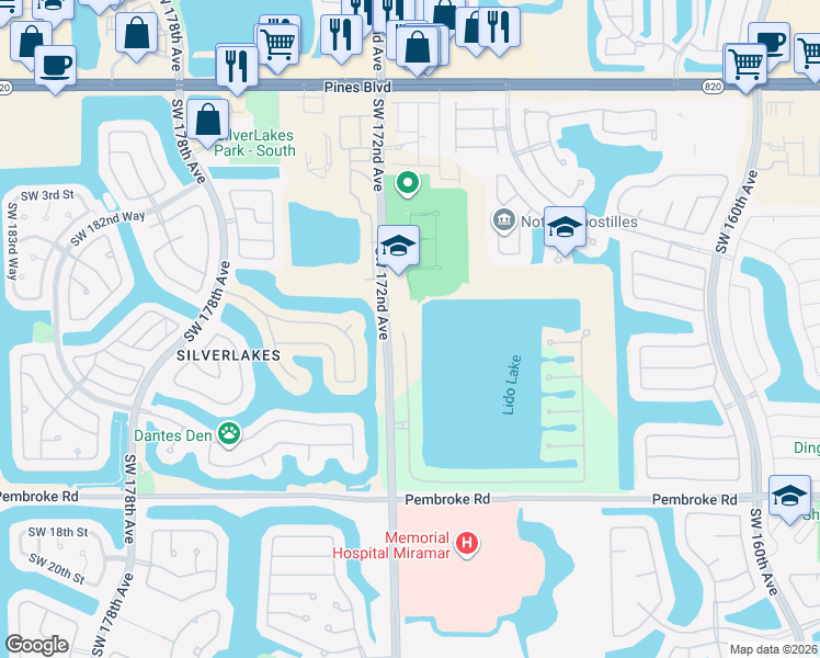 map of restaurants, bars, coffee shops, grocery stores, and more near 811 Southwest 171st Terrace in Pembroke Pines