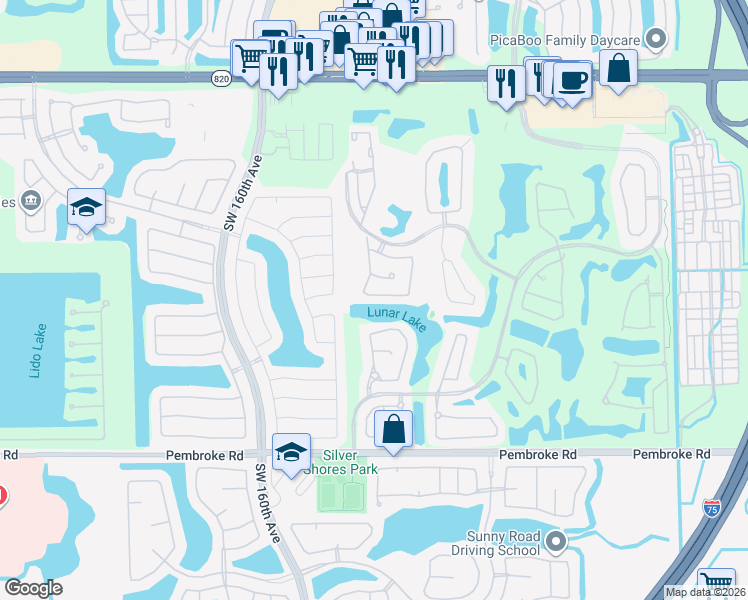 map of restaurants, bars, coffee shops, grocery stores, and more near 15859 Southwest 12th Street in Pembroke Pines