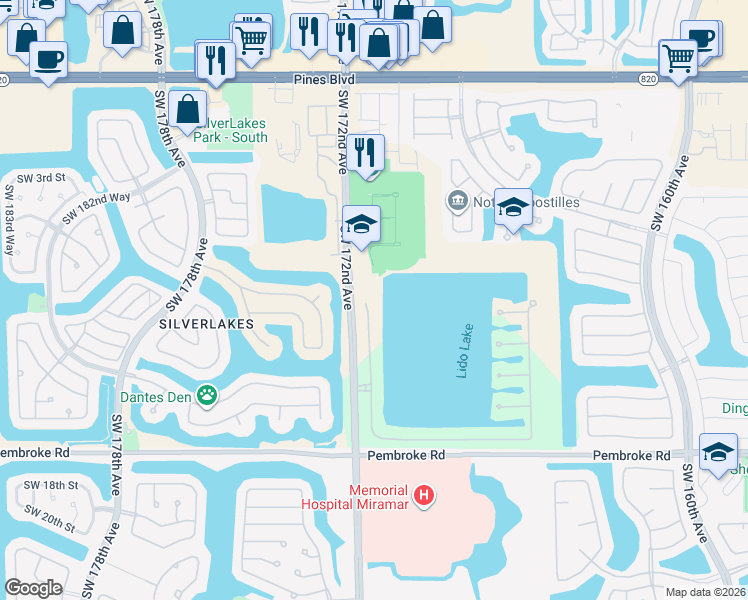 map of restaurants, bars, coffee shops, grocery stores, and more near 811 Southwest 171st Terrace in Pembroke Pines