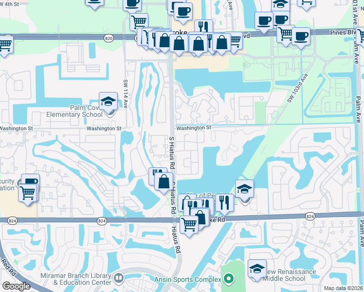 map of restaurants, bars, coffee shops, grocery stores, and more near 11101 Southwest 10th Street in Pembroke Pines