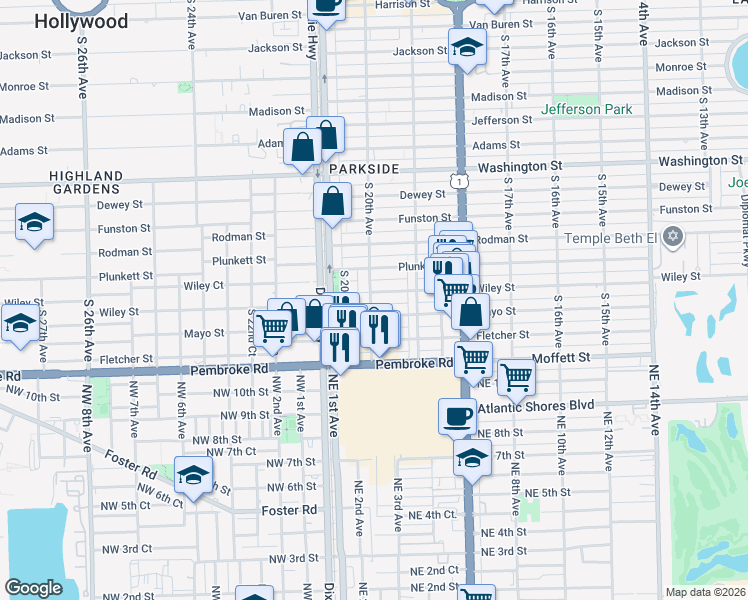 map of restaurants, bars, coffee shops, grocery stores, and more near 1955 Wiley Street in Hollywood