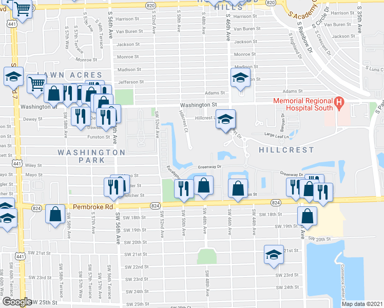 map of restaurants, bars, coffee shops, grocery stores, and more near 1200 Hillcrest Court in Hollywood