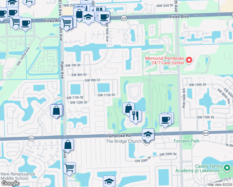 map of restaurants, bars, coffee shops, grocery stores, and more near 1011 Southwest 96th Avenue in Pembroke Pines