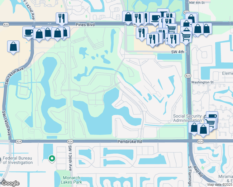 map of restaurants, bars, coffee shops, grocery stores, and more near 13000-13166 Southwest 10th Street in Pembroke Pines