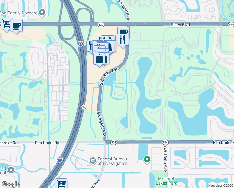 map of restaurants, bars, coffee shops, grocery stores, and more near 2410 Southwest 143rd Avenue in Pembroke Pines