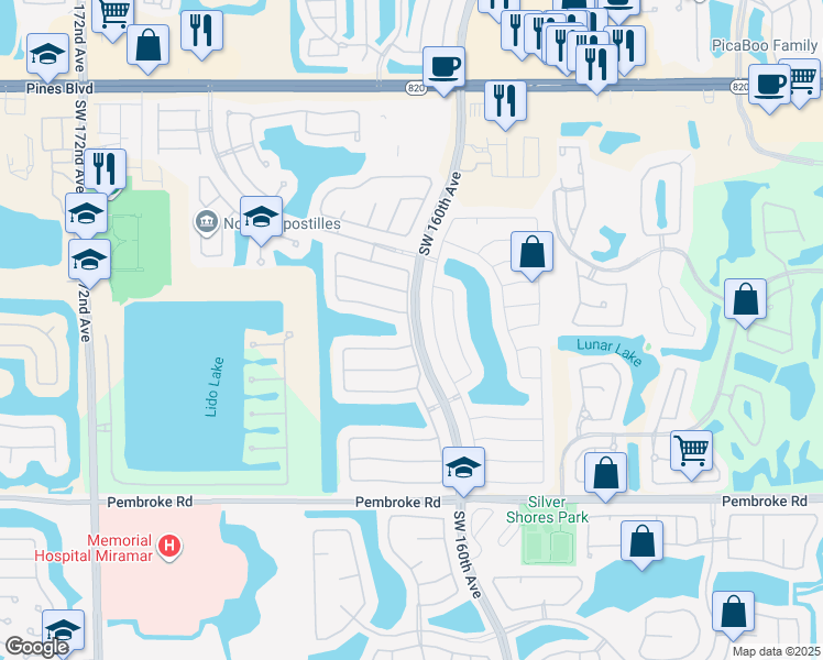 map of restaurants, bars, coffee shops, grocery stores, and more near 824 Southwest 161st Avenue in Pembroke Pines