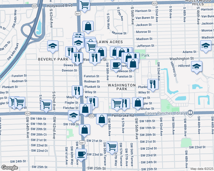 map of restaurants, bars, coffee shops, grocery stores, and more near 5800 Rodman Street in Hollywood