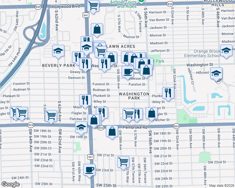 map of restaurants, bars, coffee shops, grocery stores, and more near 5800 Rodman Street in Hollywood