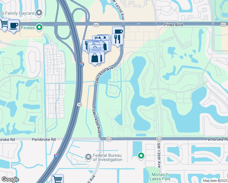 map of restaurants, bars, coffee shops, grocery stores, and more near 2410 Southwest 143rd Avenue in Pembroke Pines