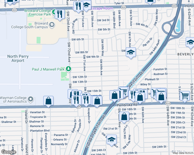 map of restaurants, bars, coffee shops, grocery stores, and more near 6961 Southwest 12th Street in Pembroke Pines