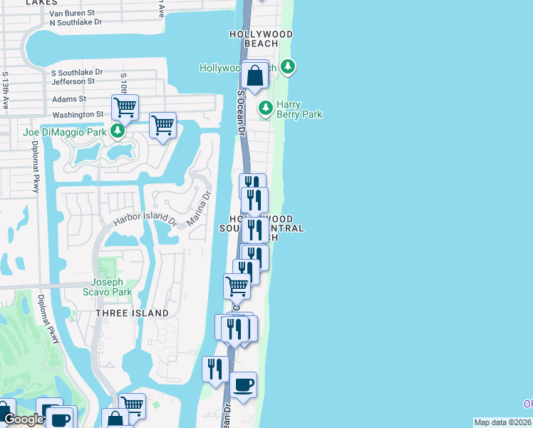 map of restaurants, bars, coffee shops, grocery stores, and more near 2199 South Surf Road in Hollywood
