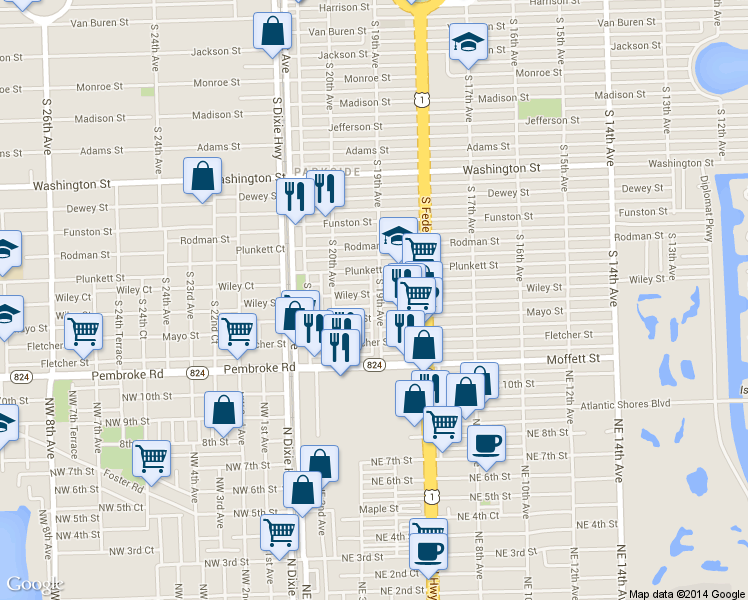 map of restaurants, bars, coffee shops, grocery stores, and more near 1903 Wiley Street in Hollywood