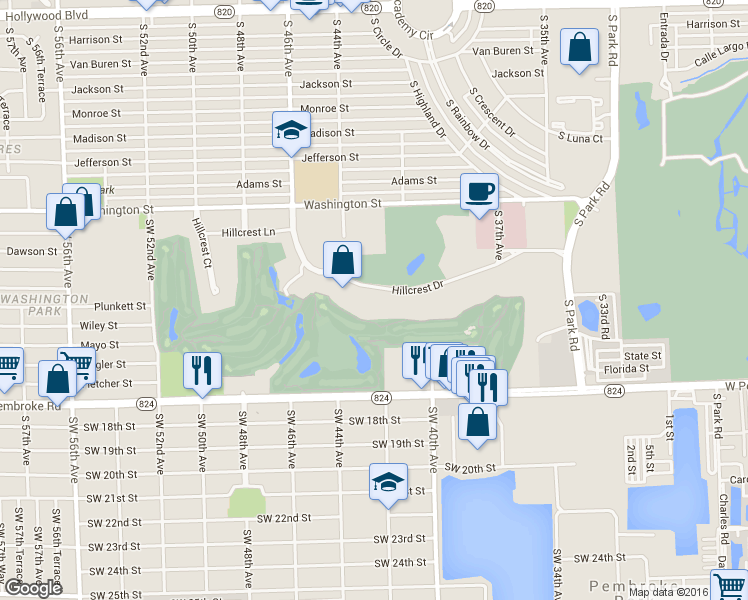 map of restaurants, bars, coffee shops, grocery stores, and more near 4350 Hillcrest Drive in Hollywood