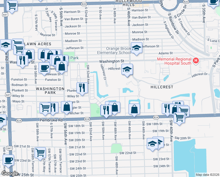 map of restaurants, bars, coffee shops, grocery stores, and more near 1100 Hillcrest Court in Hollywood