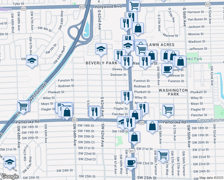 map of restaurants, bars, coffee shops, grocery stores, and more near 6100 Rodman Street in Hollywood