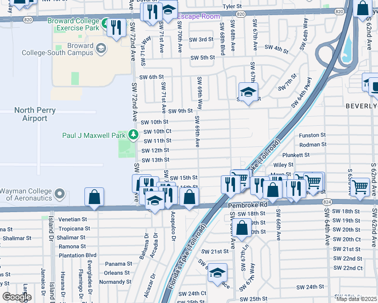 map of restaurants, bars, coffee shops, grocery stores, and more near 6961 Southwest 12th Street in Pembroke Pines