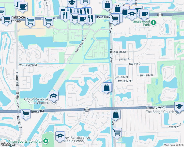 map of restaurants, bars, coffee shops, grocery stores, and more near 10237 Southwest 12th Street in Pembroke Pines