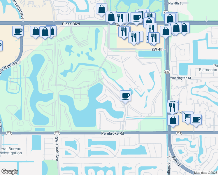 map of restaurants, bars, coffee shops, grocery stores, and more near 1000 Southwest 128th Terrace in Pembroke Pines