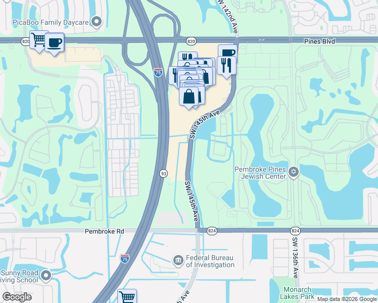 map of restaurants, bars, coffee shops, grocery stores, and more near Southwest 145th Avenue in Pembroke Pines