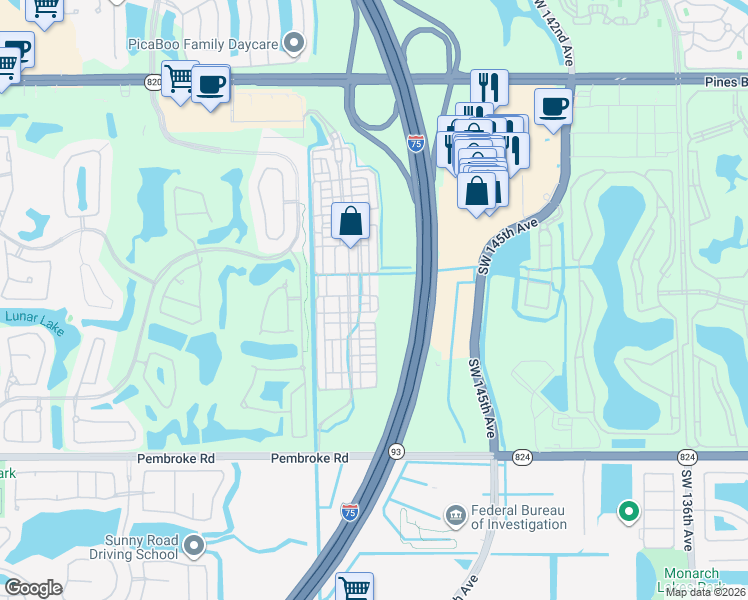map of restaurants, bars, coffee shops, grocery stores, and more near 1057 Southwest 146th Terrace in Pembroke Pines