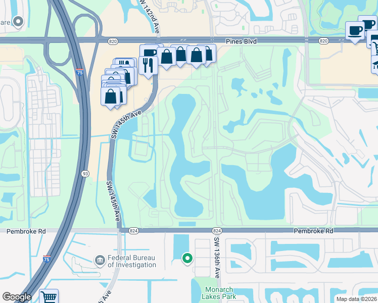 map of restaurants, bars, coffee shops, grocery stores, and more near 950 Southwest 138th Avenue in Pembroke Pines